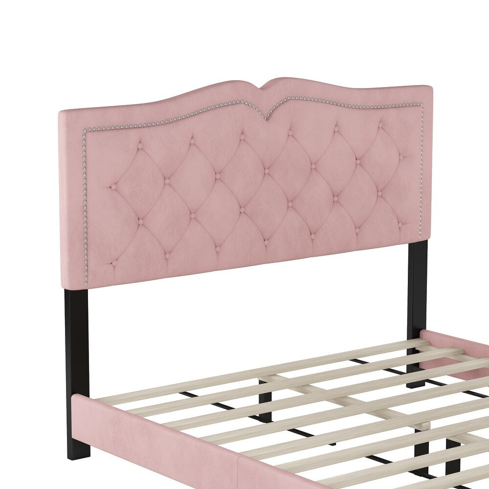 Luxurious Queen Size Velvet Upholstered Platform Bed Frame with Tufted Headboard and Rivet Detailing