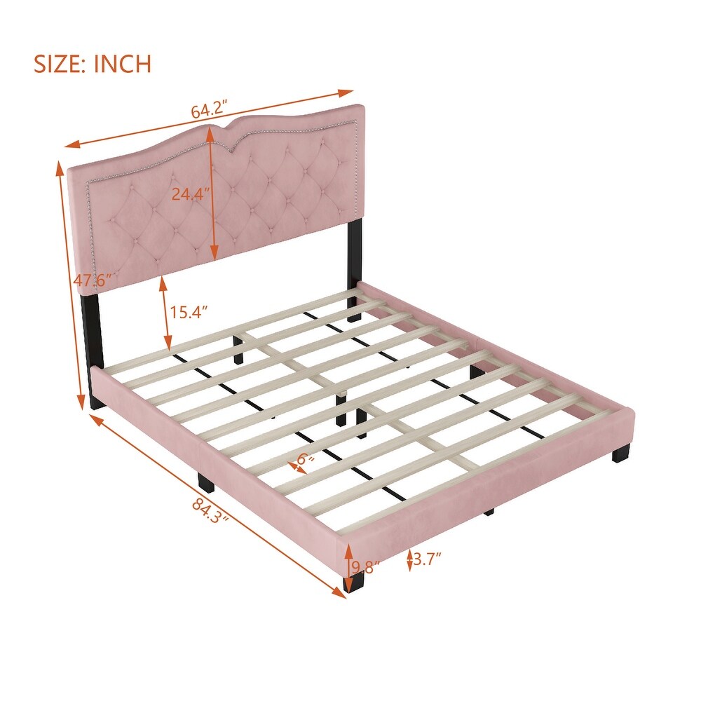 Luxurious Queen Size Velvet Upholstered Platform Bed Frame with Tufted Headboard and Rivet Detailing