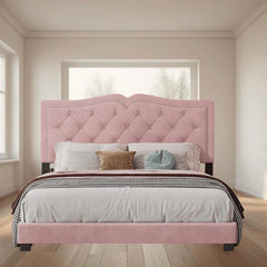 Luxurious Queen Size Velvet Upholstered Platform Bed Frame with Tufted Headboard and Rivet Detailing