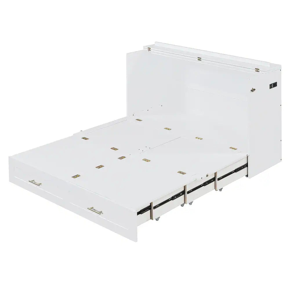Luxury Full Size Murphy Bed Wall Bed with drawer and a set of Sockets & USB Ports, Pulley Structure Design, White