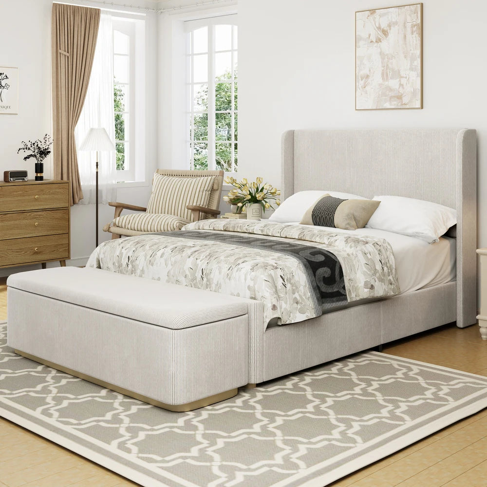 Luxury King Upholstered Bed with Vertical Stripes, High Wingback Headboard