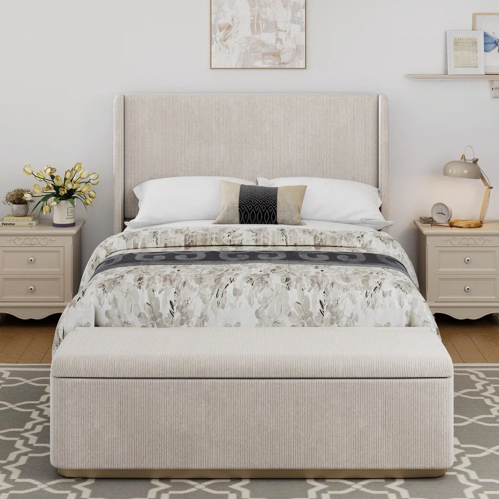 Luxury King Upholstered Bed with Vertical Stripes, High Wingback Headboard