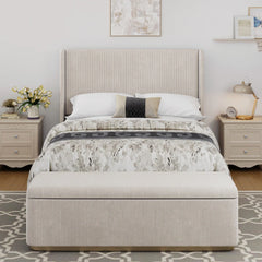 Luxury King Upholstered Bed with Vertical Stripes, High Wingback Headboard