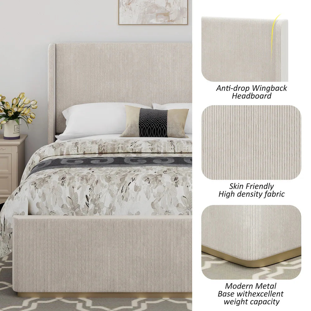 Luxury King Upholstered Bed with Vertical Stripes, High Wingback Headboard