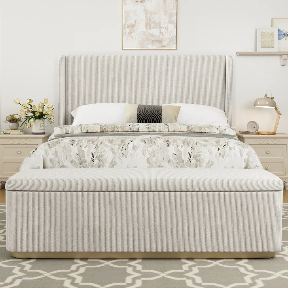 Luxury King Upholstered Bed with Vertical Stripes, High Wingback Headboard