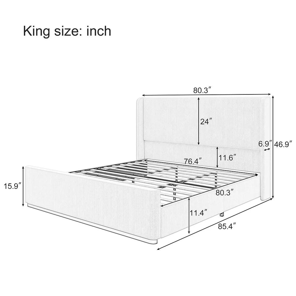Luxury King Upholstered Bed with Vertical Stripes, High Wingback Headboard