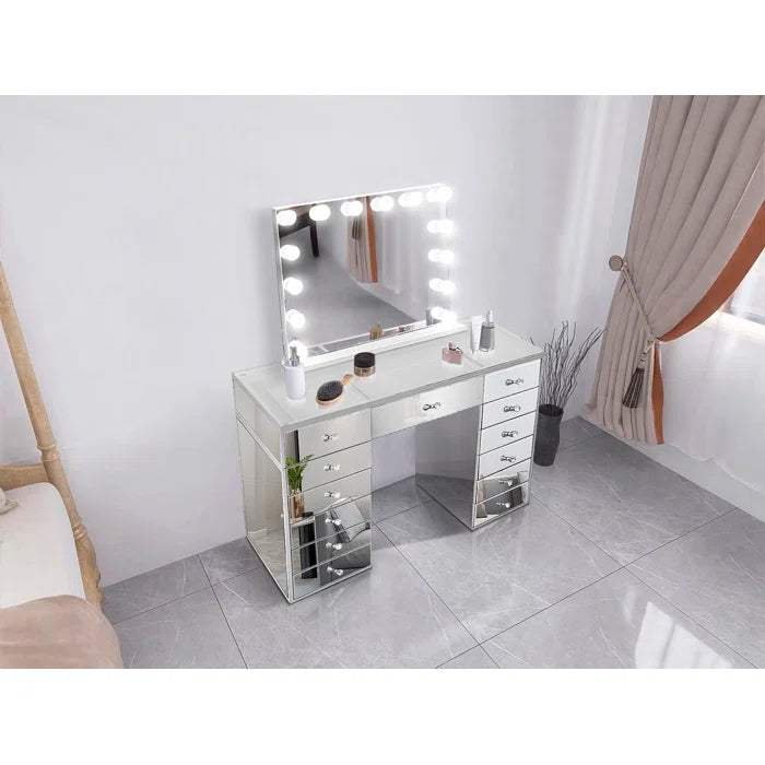 Lebrorn Modern Vanity Dressing Table In Glass - Wooden Bazar