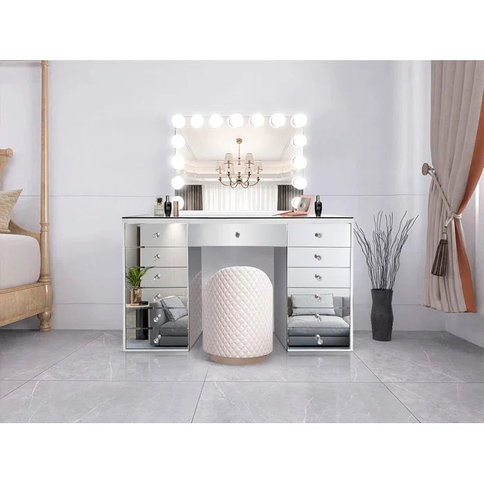 Lebrorn Modern Vanity Dressing Table In Glass - Wooden Bazar