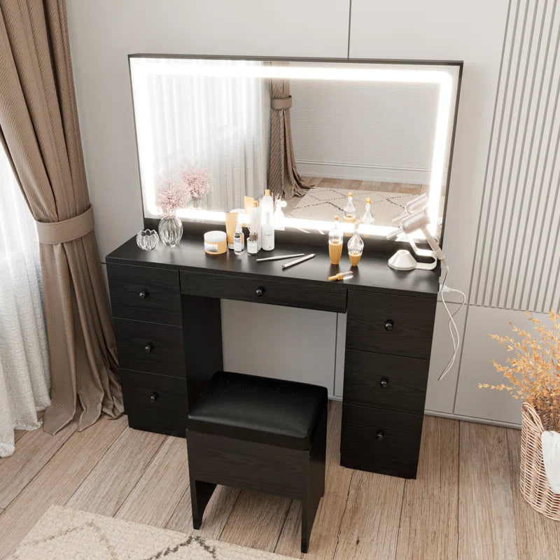 Madison Makeup Vanity Desk with LED Lighted Mirror & Power Outlet & 7 Drawers