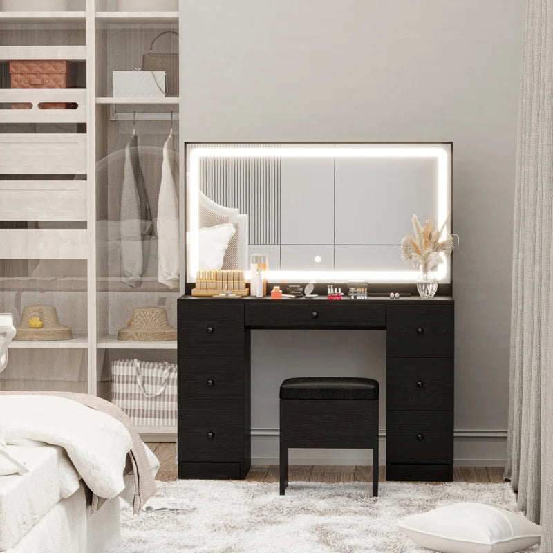 Madison Makeup Vanity Desk with LED Lighted Mirror & Power Outlet & 7 Drawers