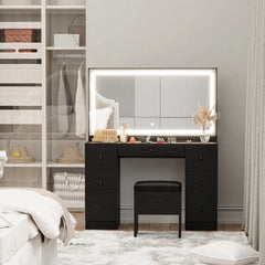 Madison Makeup Vanity Desk with LED Lighted Mirror & Power Outlet & 7 Drawers