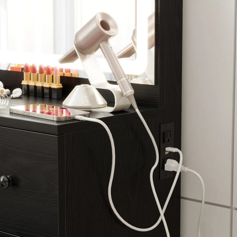 Madison Makeup Vanity Desk with LED Lighted Mirror & Power Outlet & 7 Drawers