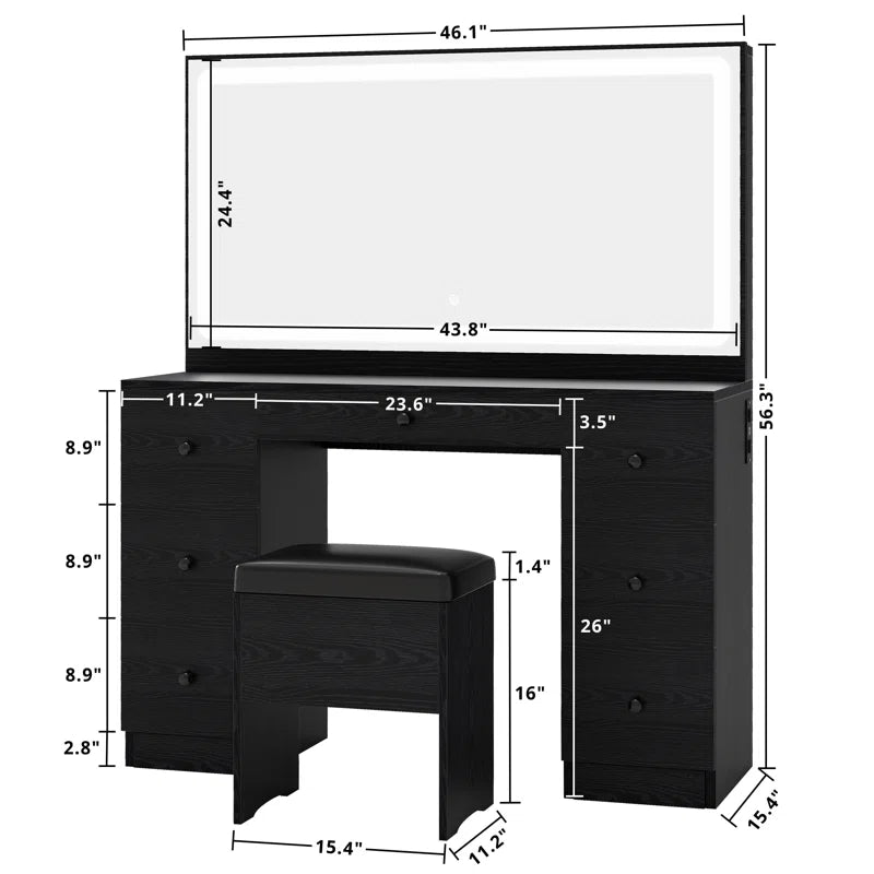 Madison Makeup Vanity Desk with LED Lighted Mirror & Power Outlet & 7 Drawers
