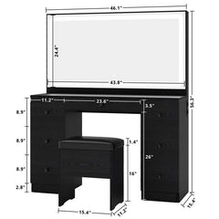 Madison Makeup Vanity Desk with LED Lighted Mirror & Power Outlet & 7 Drawers