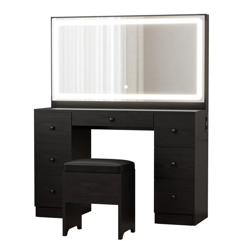 Madison Makeup Vanity Desk with LED Lighted Mirror & Power Outlet & 7 Drawers