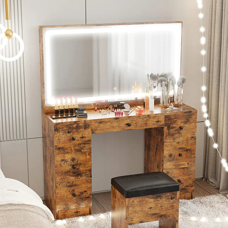 Madison Makeup Vanity Desk with LED Lighted Mirror & Power Outlet & 7 Drawers