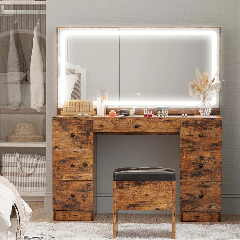 Madison Makeup Vanity Desk with LED Lighted Mirror & Power Outlet & 7 Drawers