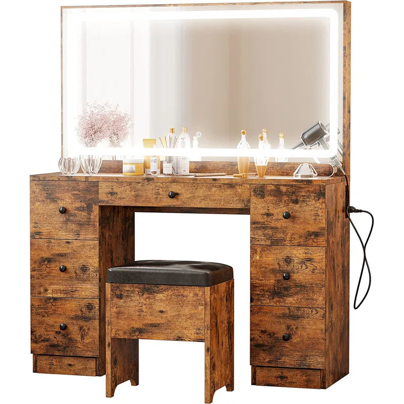 Madison Makeup Vanity Desk with LED Lighted Mirror & Power Outlet & 7 Drawers