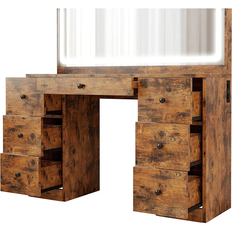 Madison Makeup Vanity Desk with LED Lighted Mirror & Power Outlet & 7 Drawers