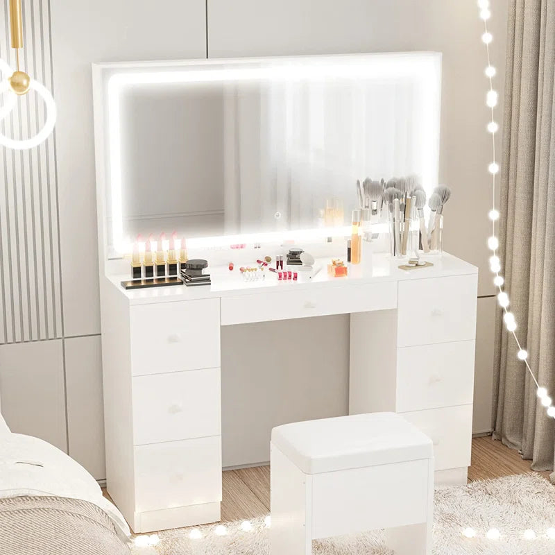 Madison Makeup Vanity Desk with LED Lighted Mirror & Power Outlet & 7 Drawers