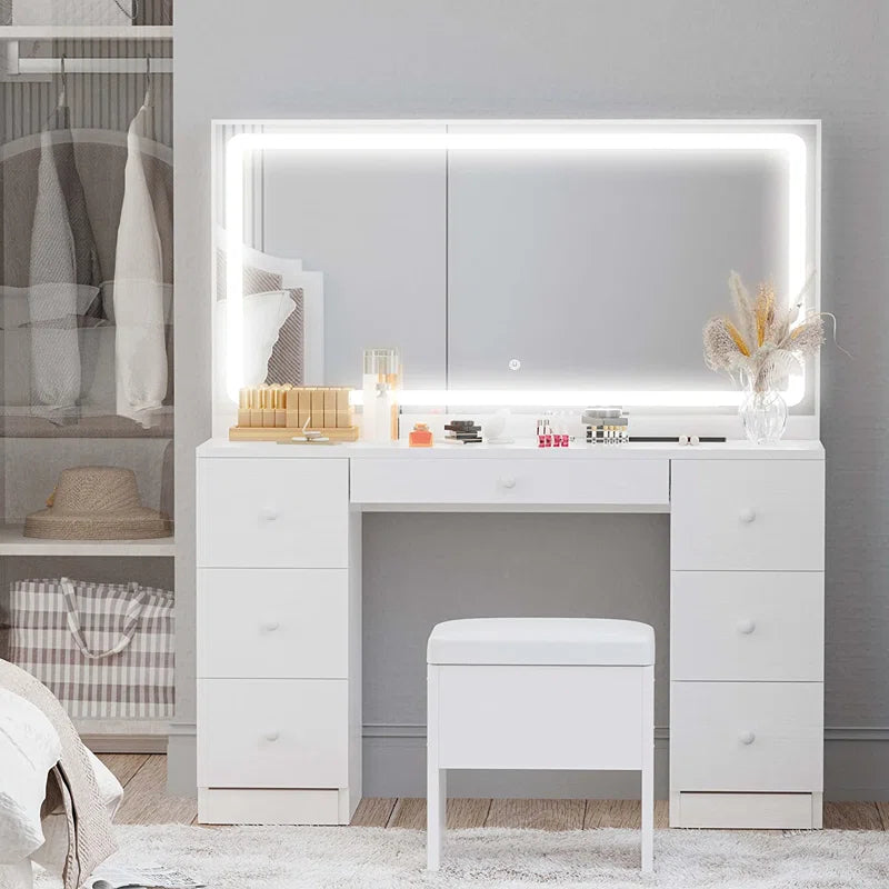 Madison Makeup Vanity Desk with LED Lighted Mirror & Power Outlet & 7 Drawers