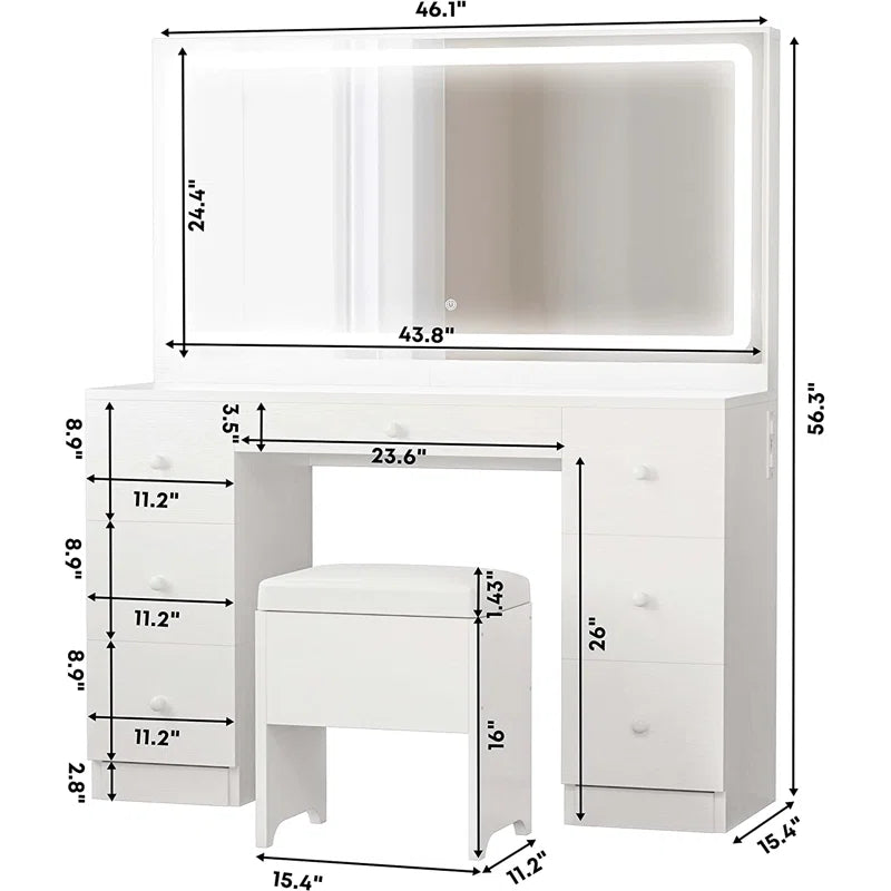 Madison Makeup Vanity Desk with LED Lighted Mirror & Power Outlet & 7 Drawers