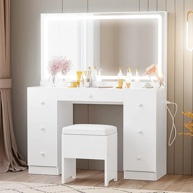 Madison Makeup Vanity Desk with LED Lighted Mirror & Power Outlet & 7 Drawers