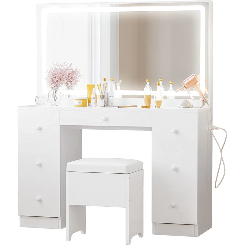 Madison Makeup Vanity Desk with LED Lighted Mirror & Power Outlet & 7 Drawers