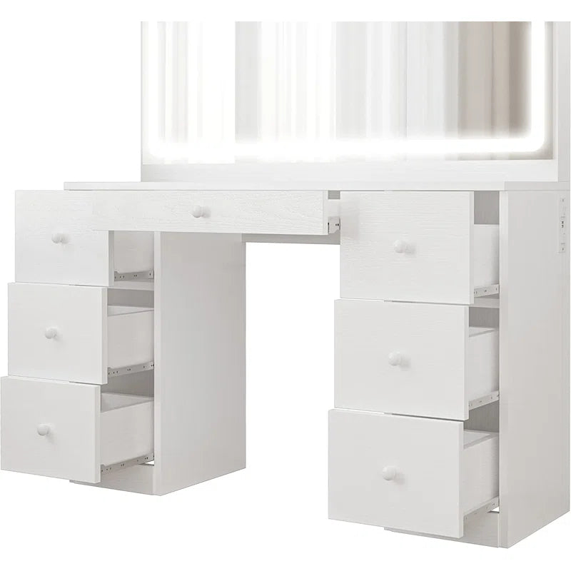 Madison Makeup Vanity Desk with LED Lighted Mirror & Power Outlet & 7 Drawers