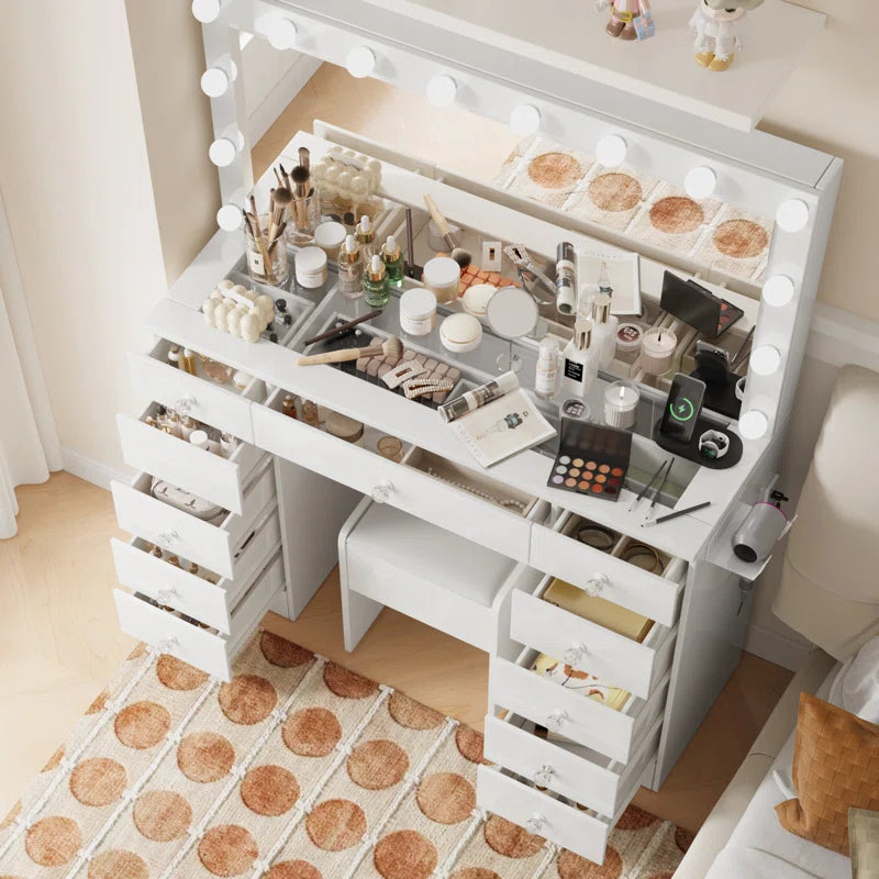 Carvaan Makeup Vanity Set With Large Lighting Square Mirror - Wooden Bazar