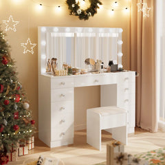 Carvaan Makeup Vanity Set With Large Lighting Square Mirror - Wooden Bazar