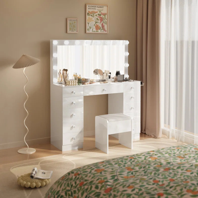 Carvaan Makeup Vanity Set With Large Lighting Square Mirror - Wooden Bazar