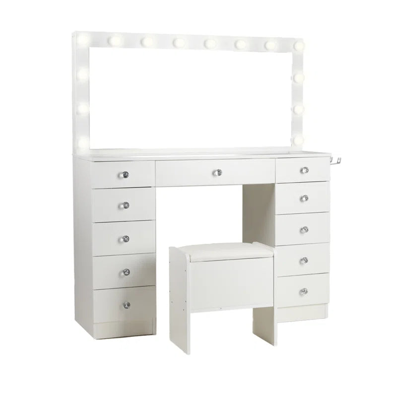 Carvaan Makeup Vanity Set With Large Lighting Square Mirror - Wooden Bazar