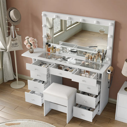 Glass Top Vanity Set with Mirror & Lights, 9 Drawers, 3 Light Modes, Power Outlet & Chair