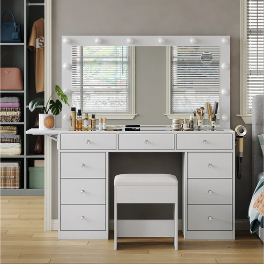 Glass Top Vanity Set with Mirror & Lights, 9 Drawers, 3 Light Modes, Power Outlet & Chair