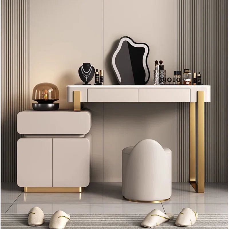Luxury Modern Dressing Table with Marble Top & Gold Accents