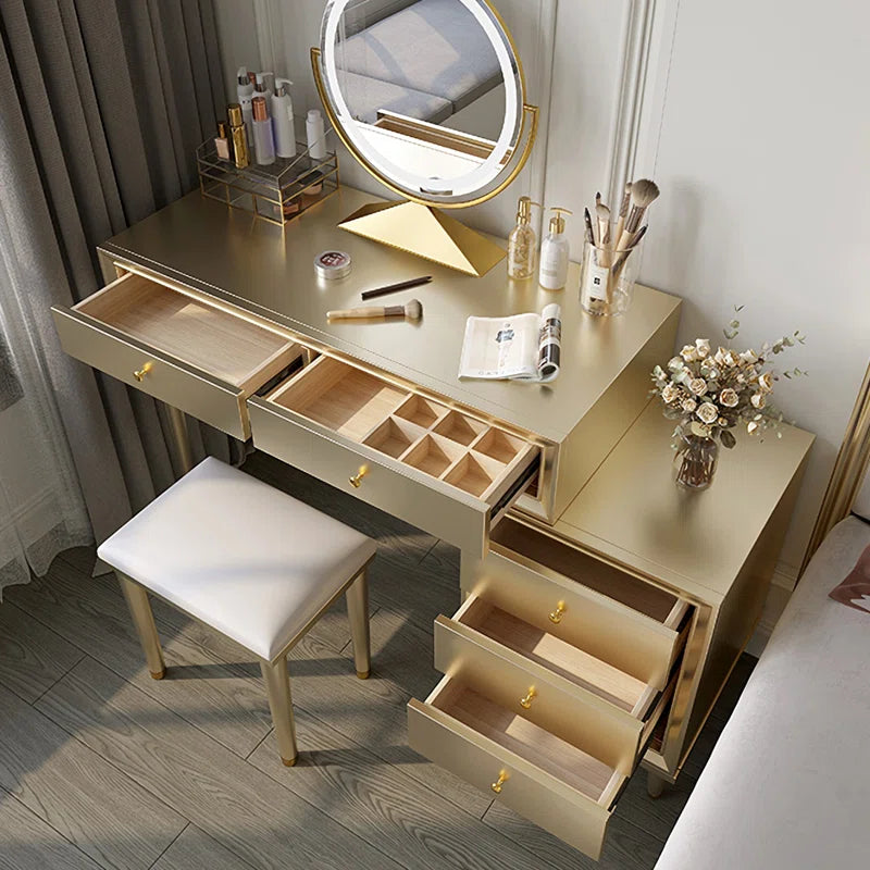 Laxiro Gold Vanity Set with Round LED Mirror 2 Drawers & Side Cabinet With Stool