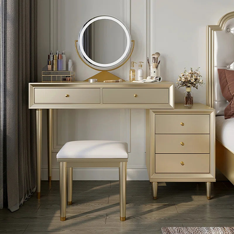 Laxiro Gold Vanity Set with Round LED Mirror 2 Drawers & Side Cabinet With Stool