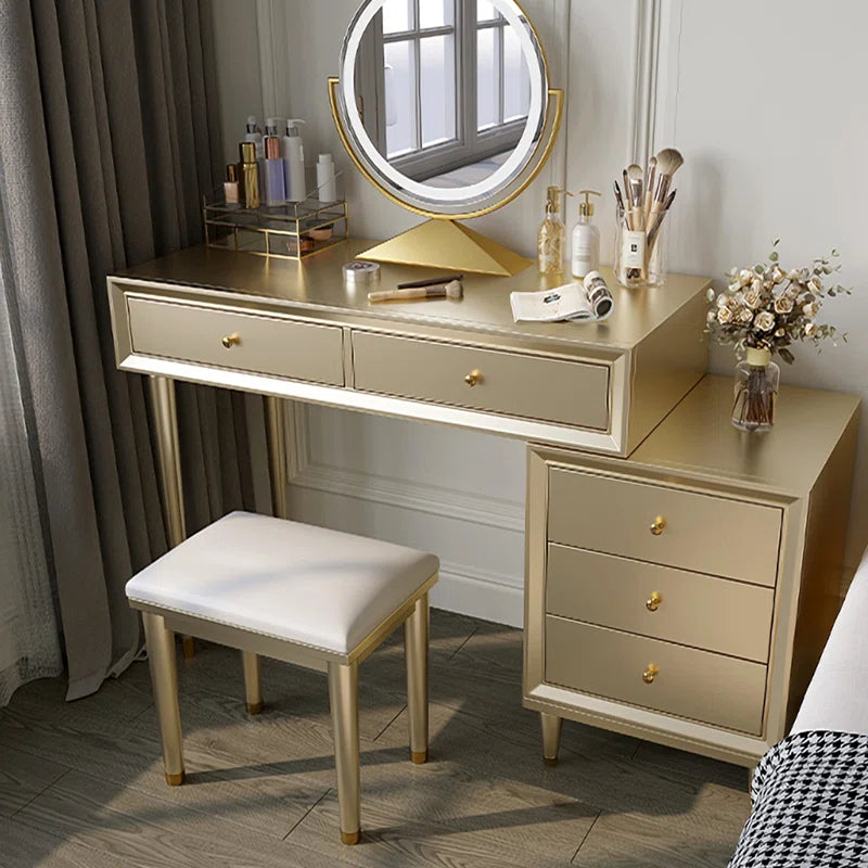 Laxiro Gold Vanity Set with Round LED Mirror 2 Drawers & Side Cabinet With Stool