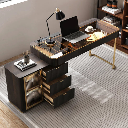 High-Quality L-Shaped Executive Swivel Computer Desk with Glass Top, Power Outlet, and Easy Assembly
