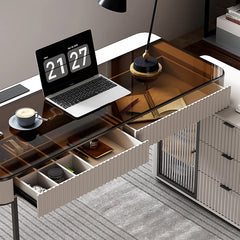 High-Quality L-Shaped Executive Swivel Computer Desk with Glass Top, Power Outlet, and Easy Assembly