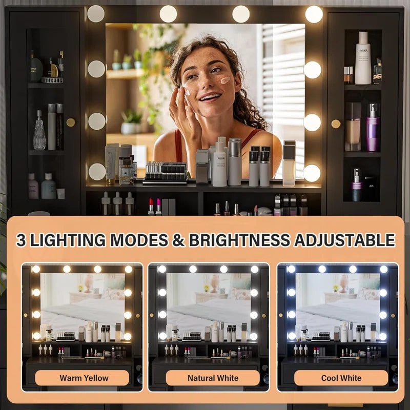 Large Makeup Vanity Desk with Power Outlet Mirror Adjustable Lights