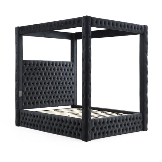 Luxurious Velvet Upholstered Canopy Bed with Speaker & USB Connection