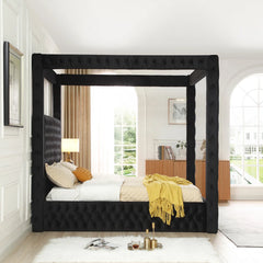 Luxurious Velvet Upholstered Canopy Bed with Speaker & USB Connection