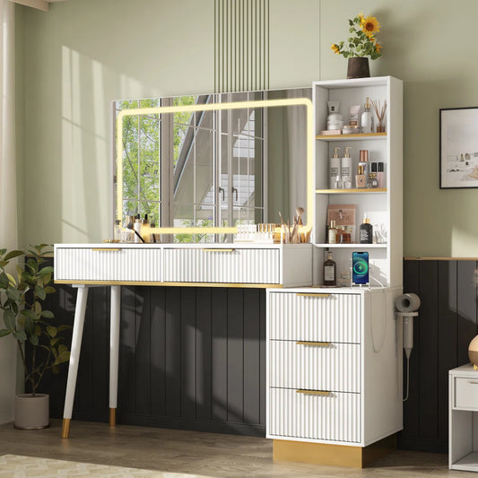 "48 Vanity Desk with 35" Large Lighted Mirror, 5 Drawers & Shelves