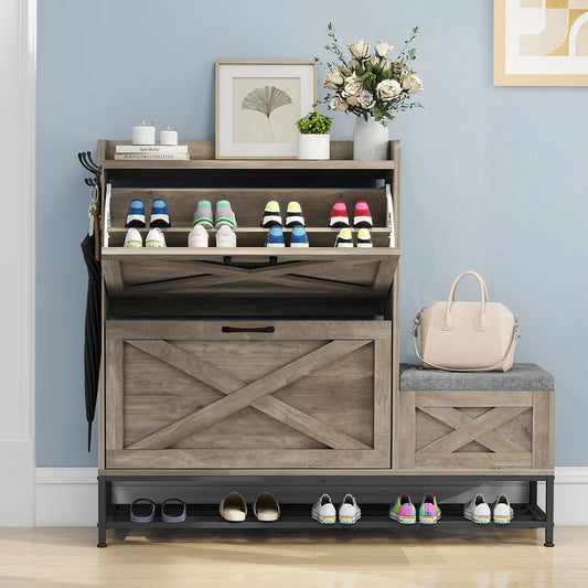 Farmhouse Shoe Storage Cabinet with 2 Flip Drawers for 16 Pairs Entryway Shoe Storage with Shoe Bench