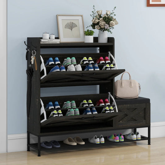 Farmhouse Shoe Storage Cabinet with 2 Flip Drawers for 16 Pairs Entryway Shoe Storage with Shoe Bench