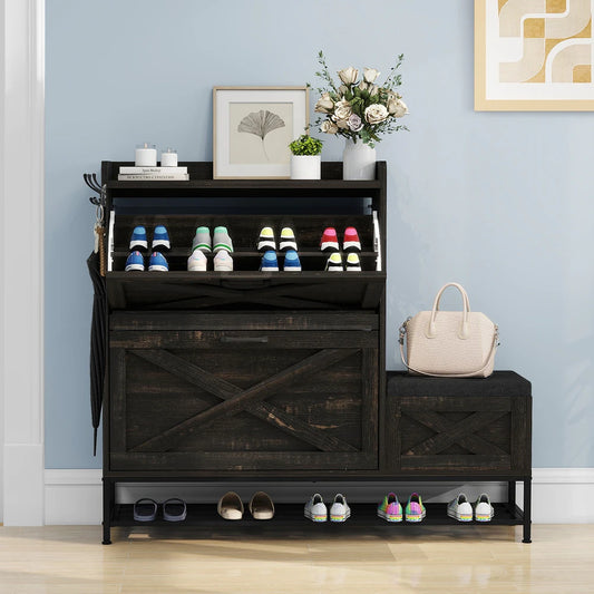 Farmhouse Shoe Storage Cabinet with 2 Flip Drawers for 16 Pairs Entryway Shoe Storage with Shoe Bench
