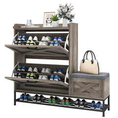 Farmhouse Shoe Storage Cabinet with 2 Flip Drawers for 16 Pairs Entryway Shoe Storage with Shoe Bench