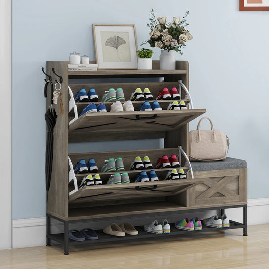 Farmhouse Shoe Storage Cabinet with 2 Flip Drawers for 16 Pairs Entryway Shoe Storage with Shoe Bench